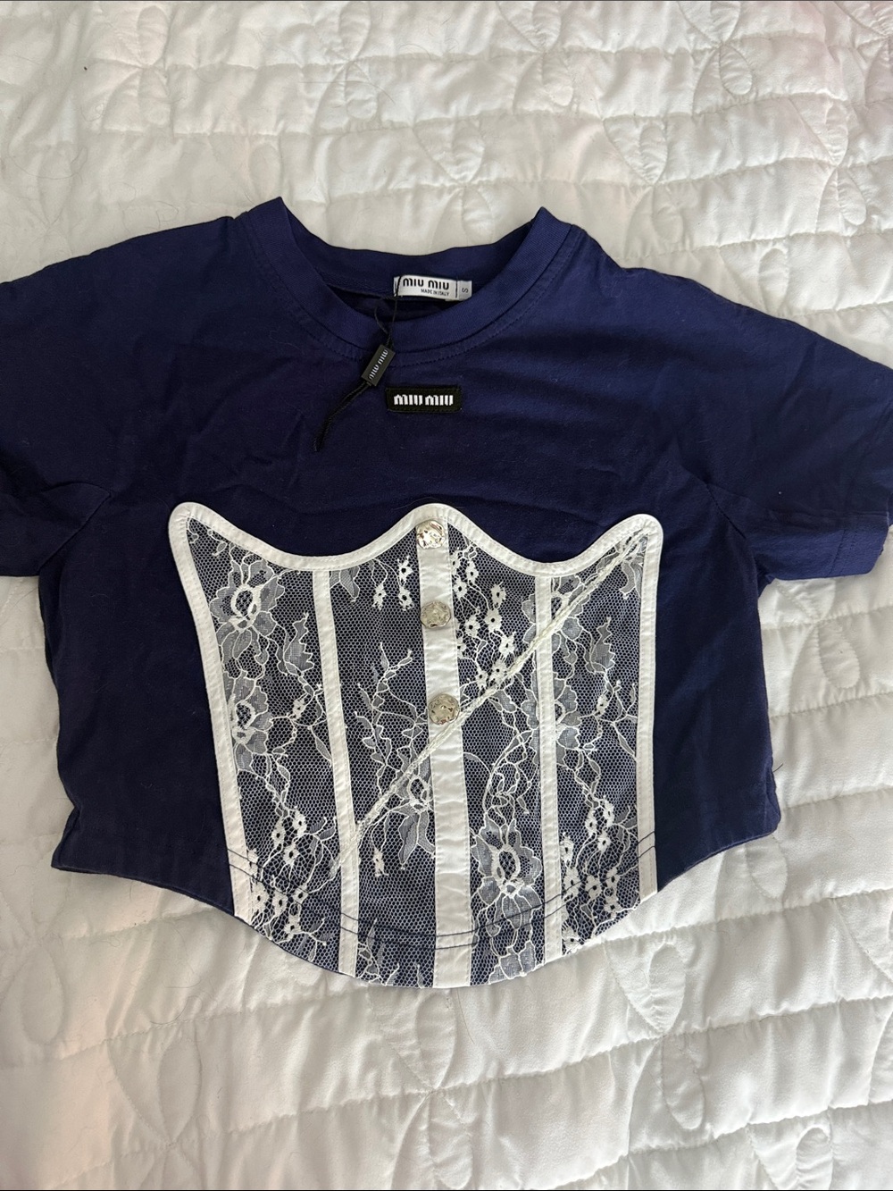 Miu Miu Navy Short-Sleeve Tee with White Lace Corset Overlay